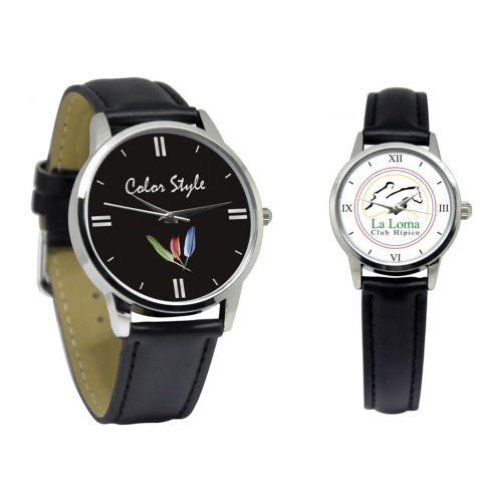 RELOJ  DE METAL  CON CORREA DE PIEL NEGRA INCLUYE ESTUCHE DE ALUMINIO PLANO  CABALLERO Y DAMA imagen